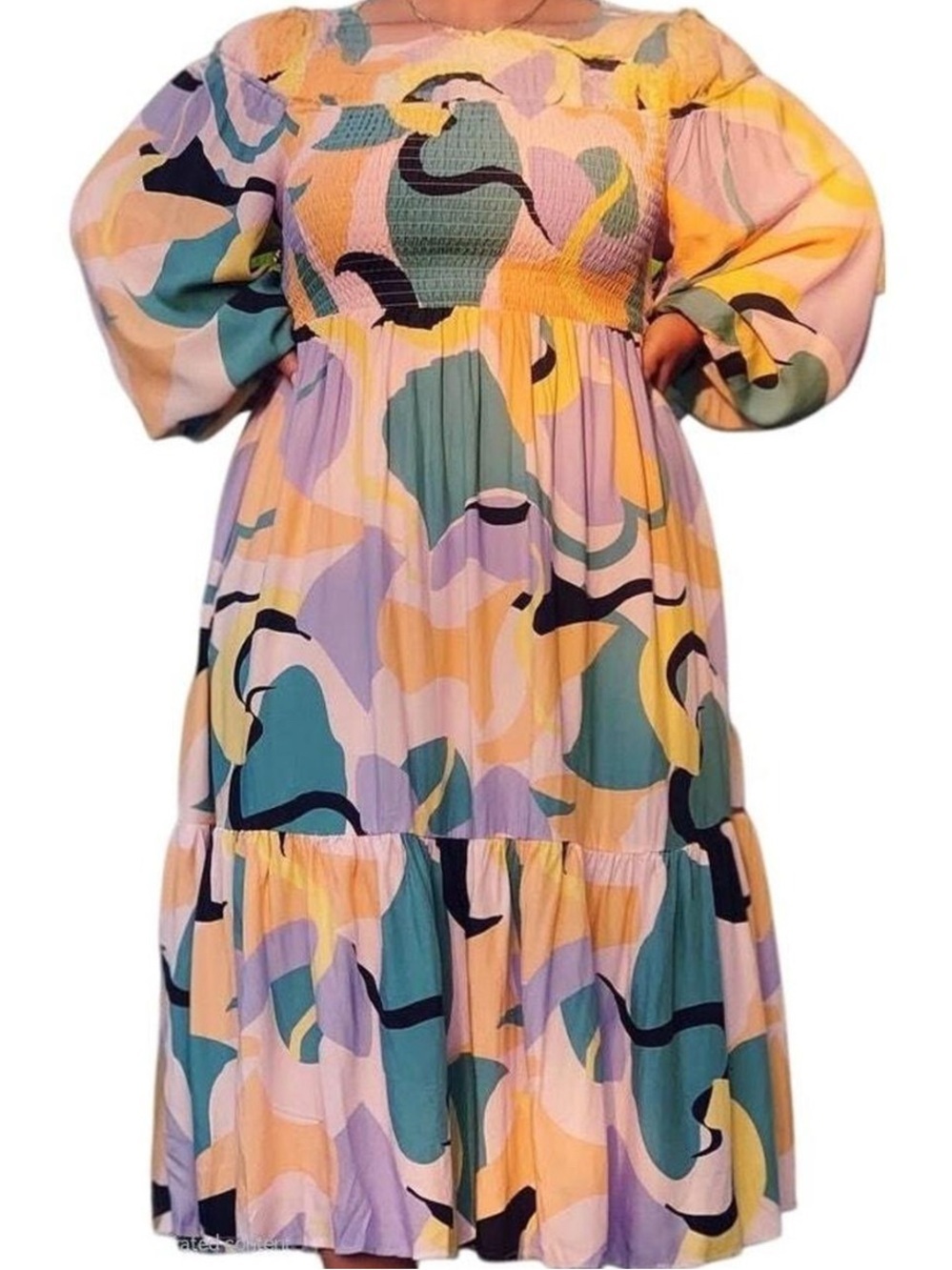 Eloquii Multicolored Abstract Pastel Smock OffShoulder Boho Maxi Summer Dress-14
